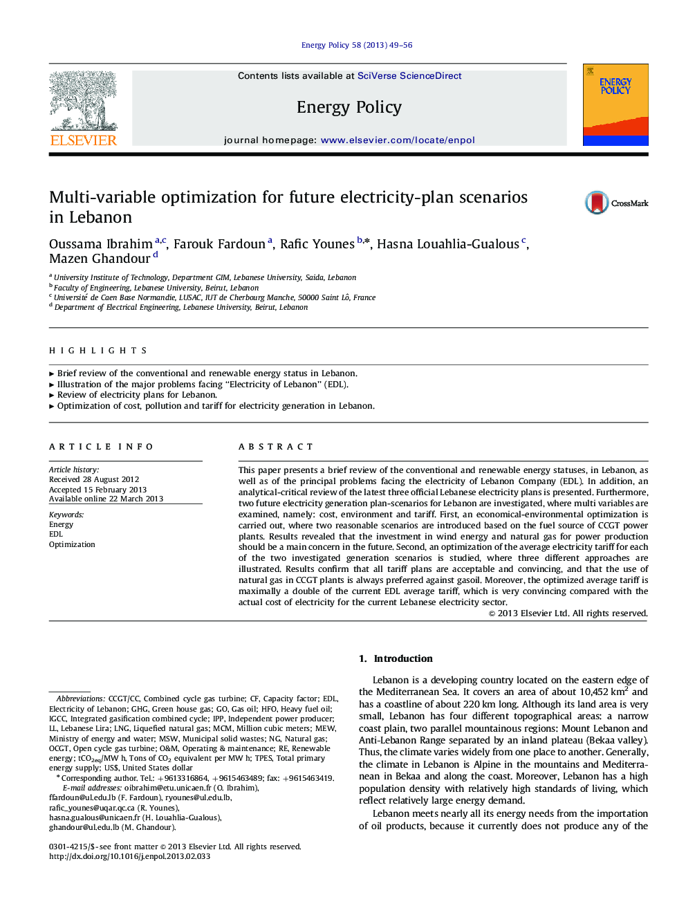 Multi-variable optimization for future electricity-plan scenarios in Lebanon