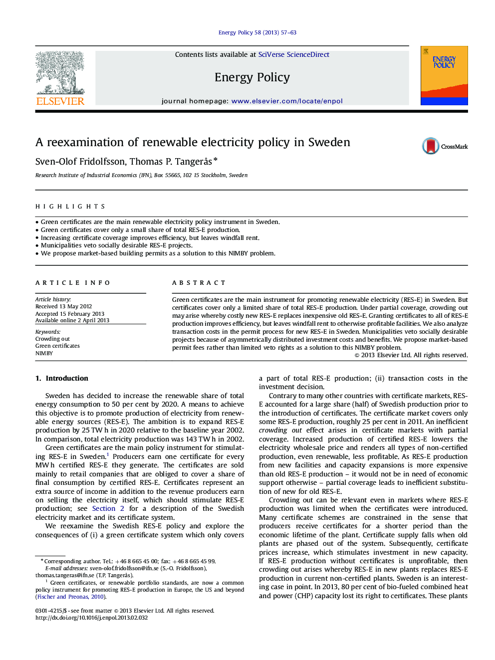 عکس صفحه اول مقاله: A reexamination of renewable electricity policy in Sweden A reexamination of renewable electricity policy in Sweden