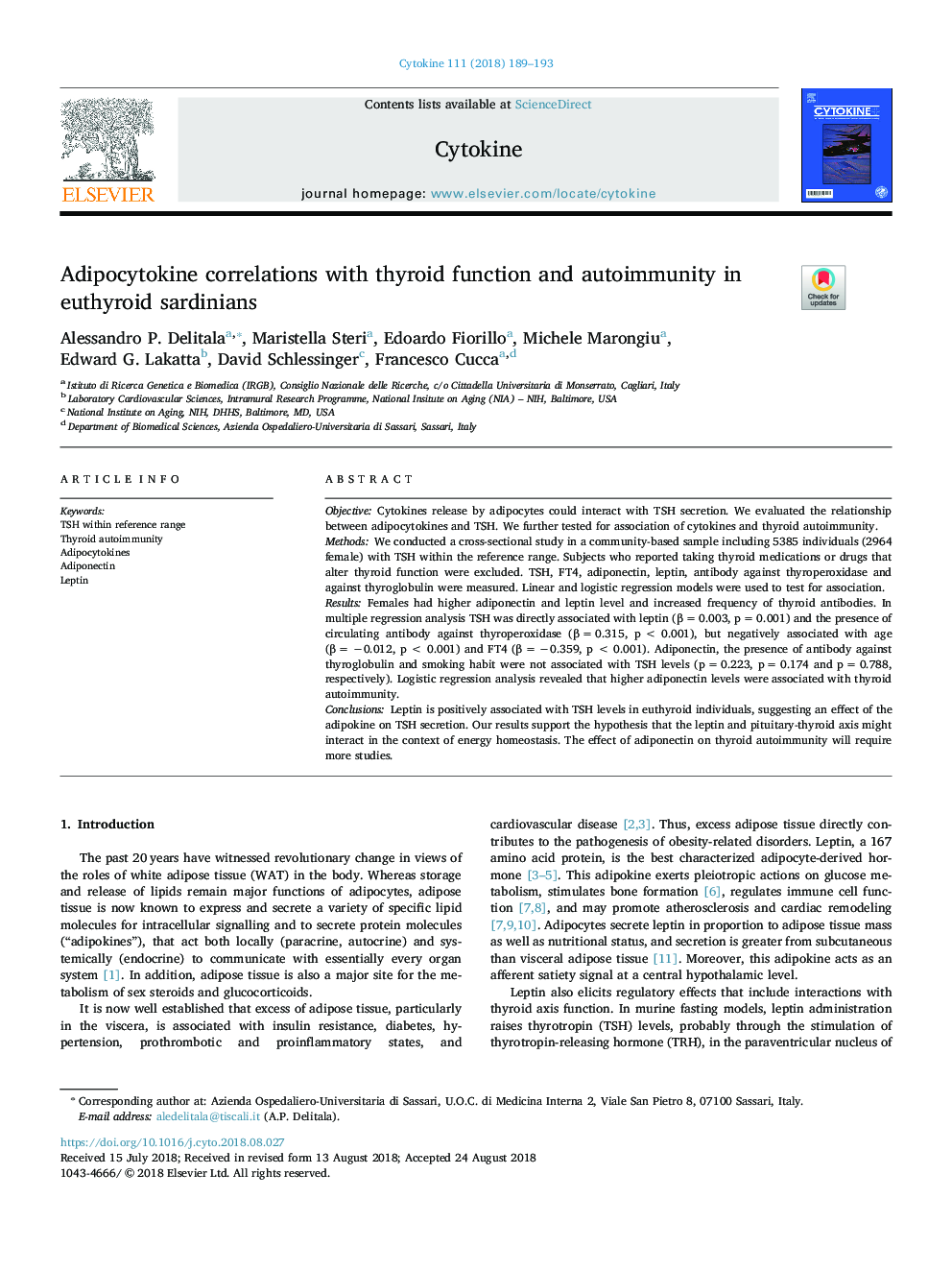 Adipocytokine correlations with thyroid function and autoimmunity in euthyroid sardinians