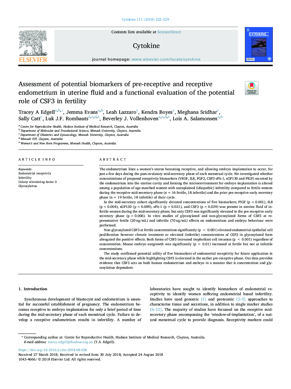 Assessment of potential biomarkers of pre-receptive and receptive endometrium in uterine fluid and a functional evaluation of the potential role of CSF3 in fertility