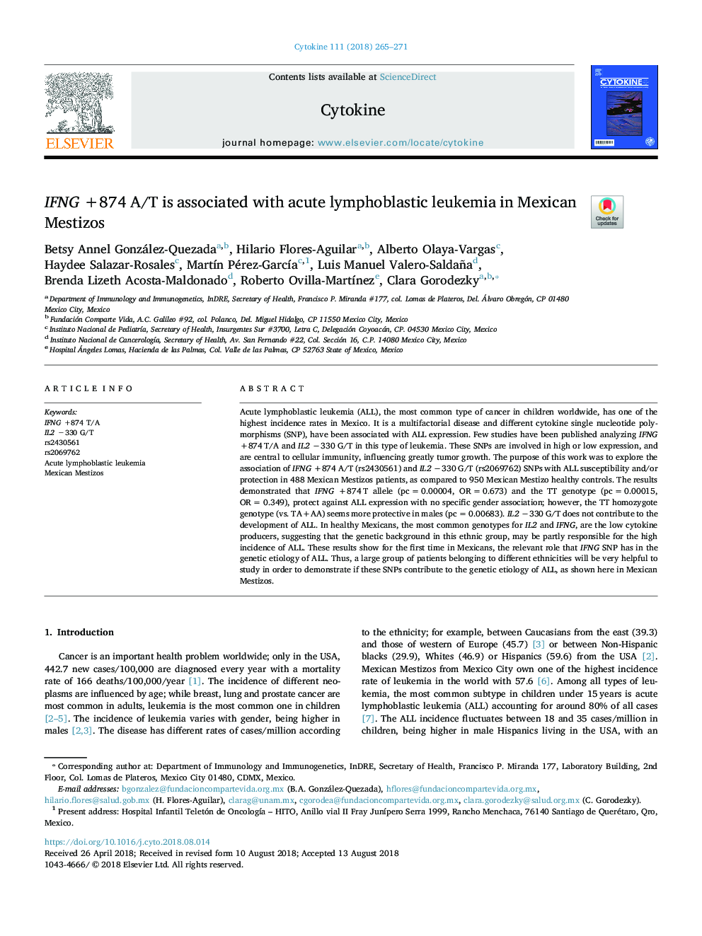 IFNG +874 A/T is associated with acute lymphoblastic leukemia in Mexican Mestizos