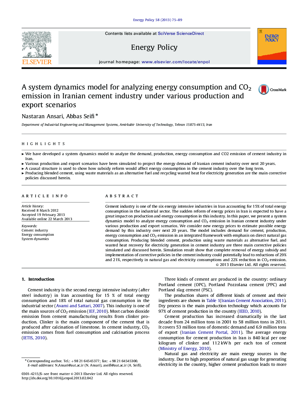 A system dynamics model for analyzing energy consumption and CO2 emission in Iranian cement industry under various production and export scenarios