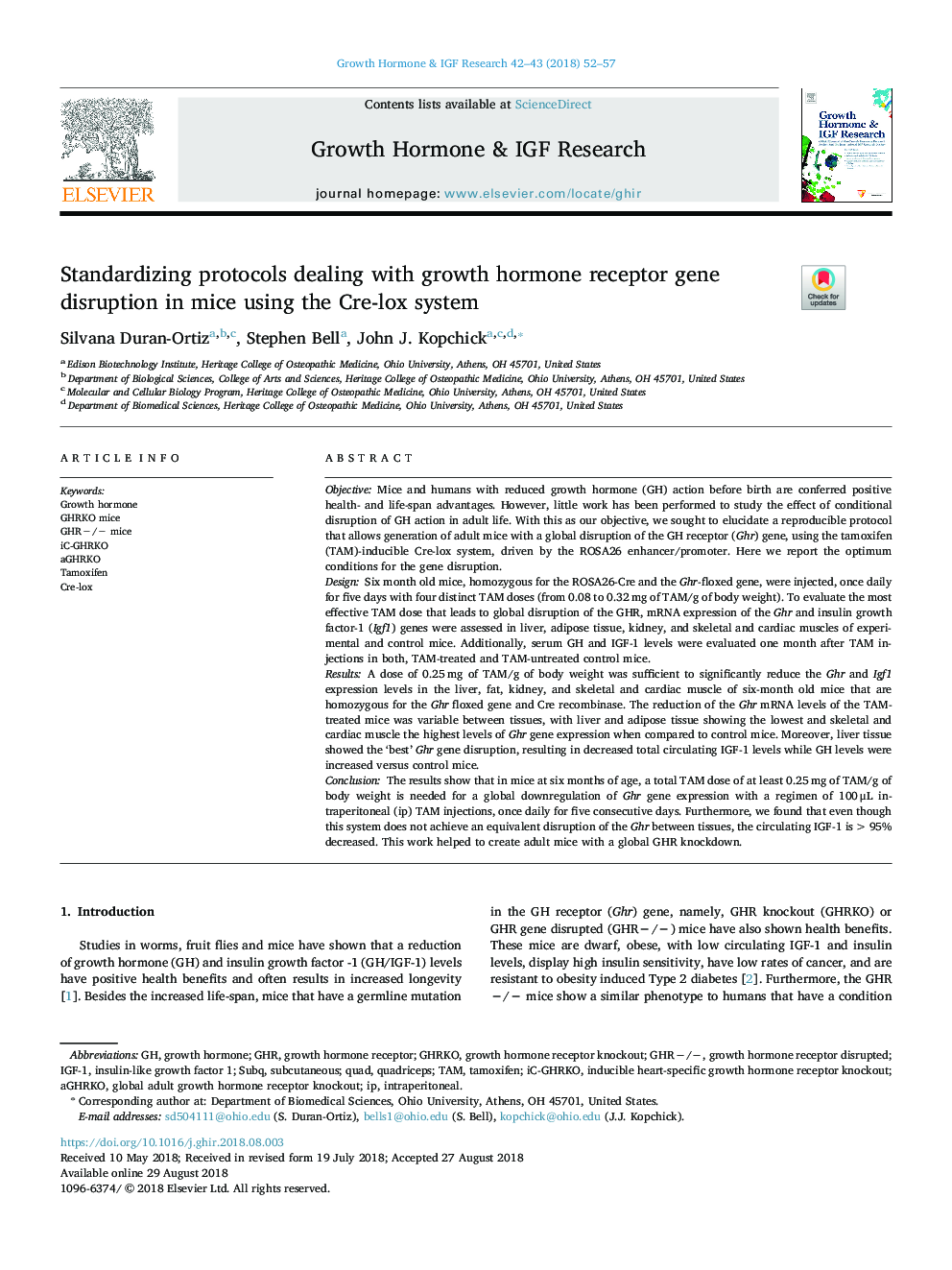 Standardizing protocols dealing with growth hormone receptor gene disruption in mice using the Cre-lox system