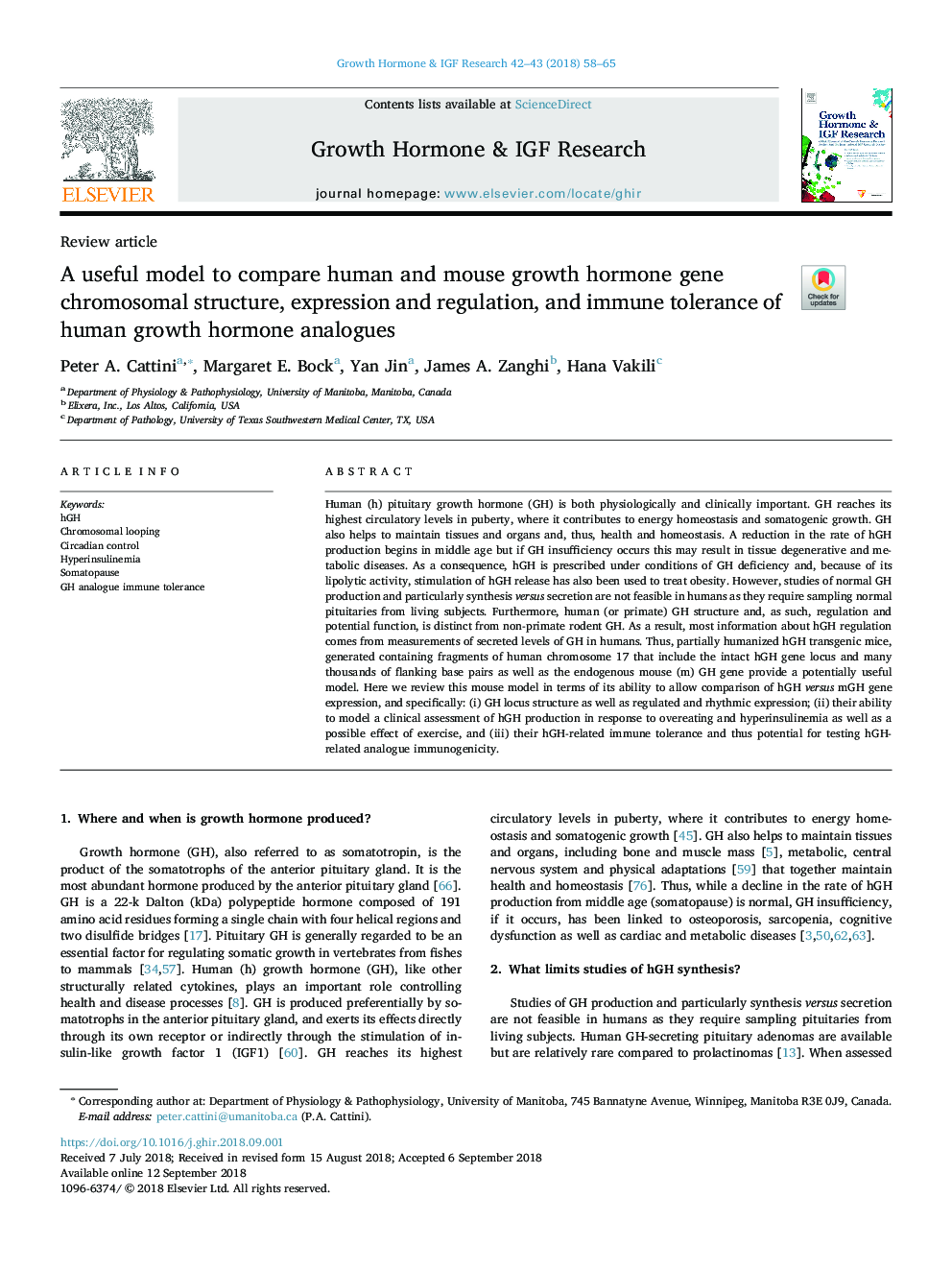 A useful model to compare human and mouse growth hormone gene chromosomal structure, expression and regulation, and immune tolerance of human growth hormone analogues