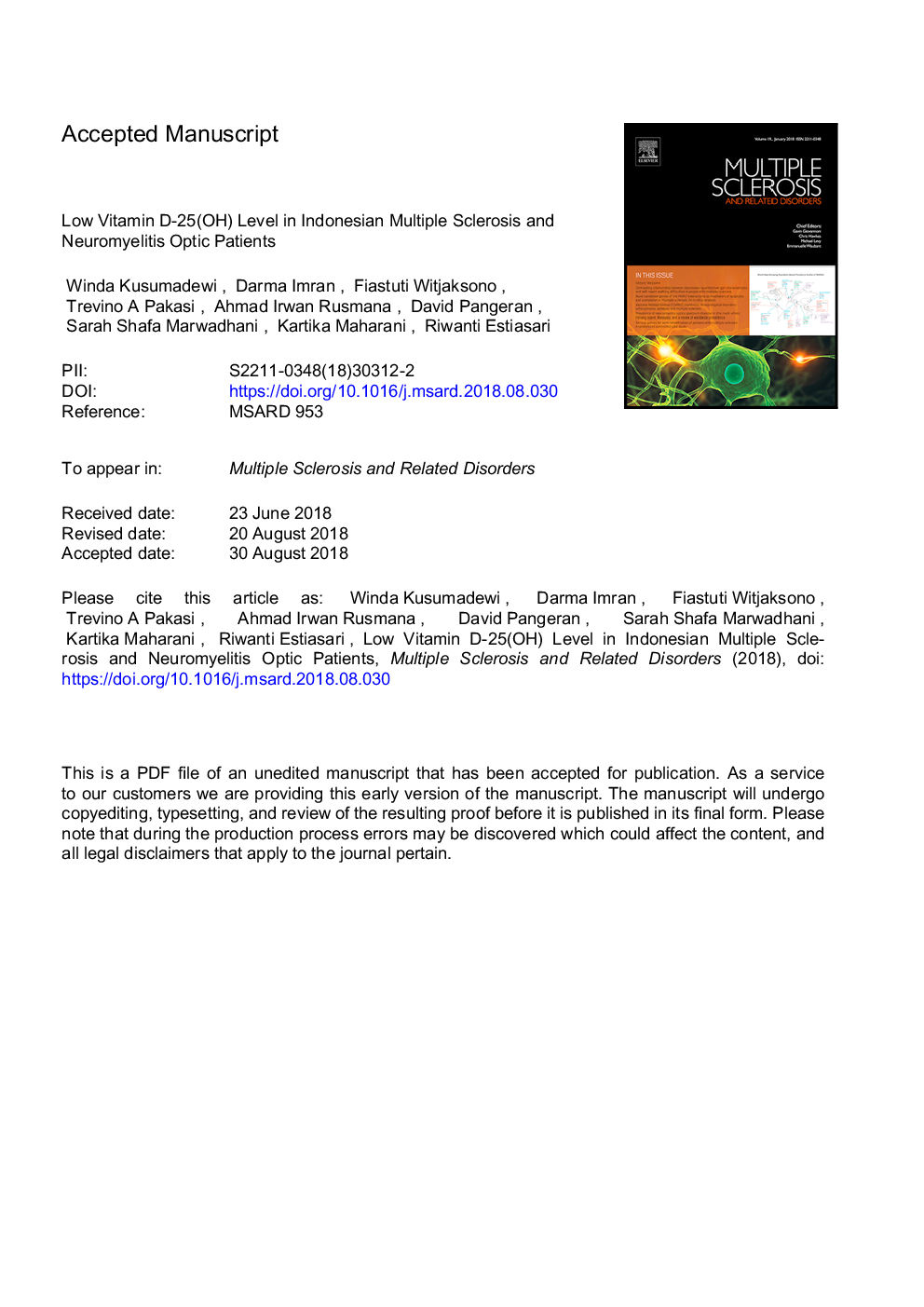 Low vitamin D-25(OH) level in Indonesian multiple sclerosis and neuromyelitis optic patients