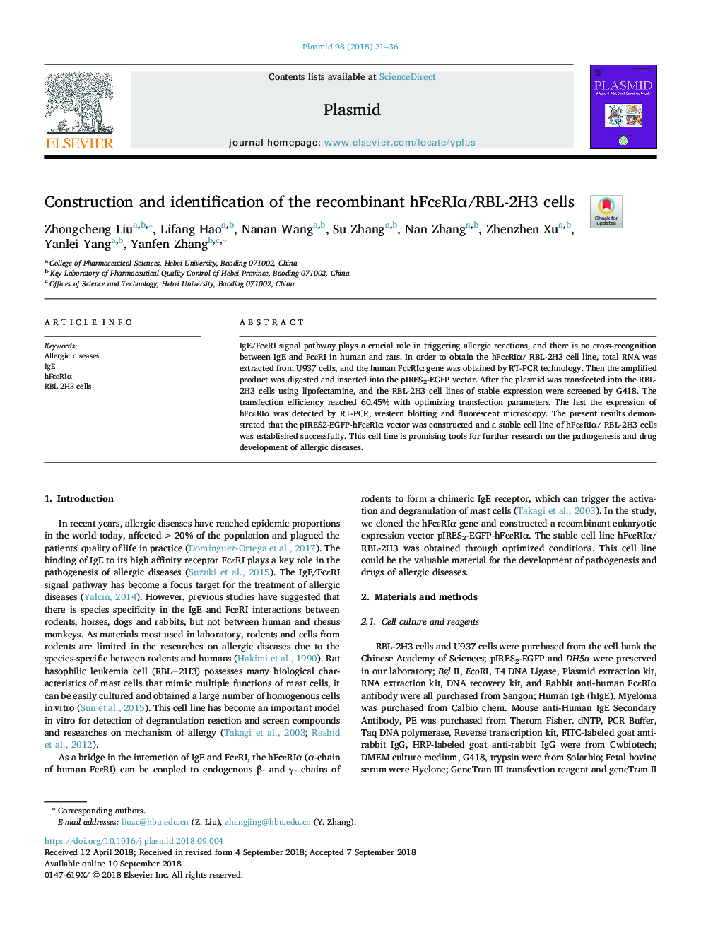 Construction and identification of the recombinant hFcÎµRIÎ±/RBL-2H3 cells