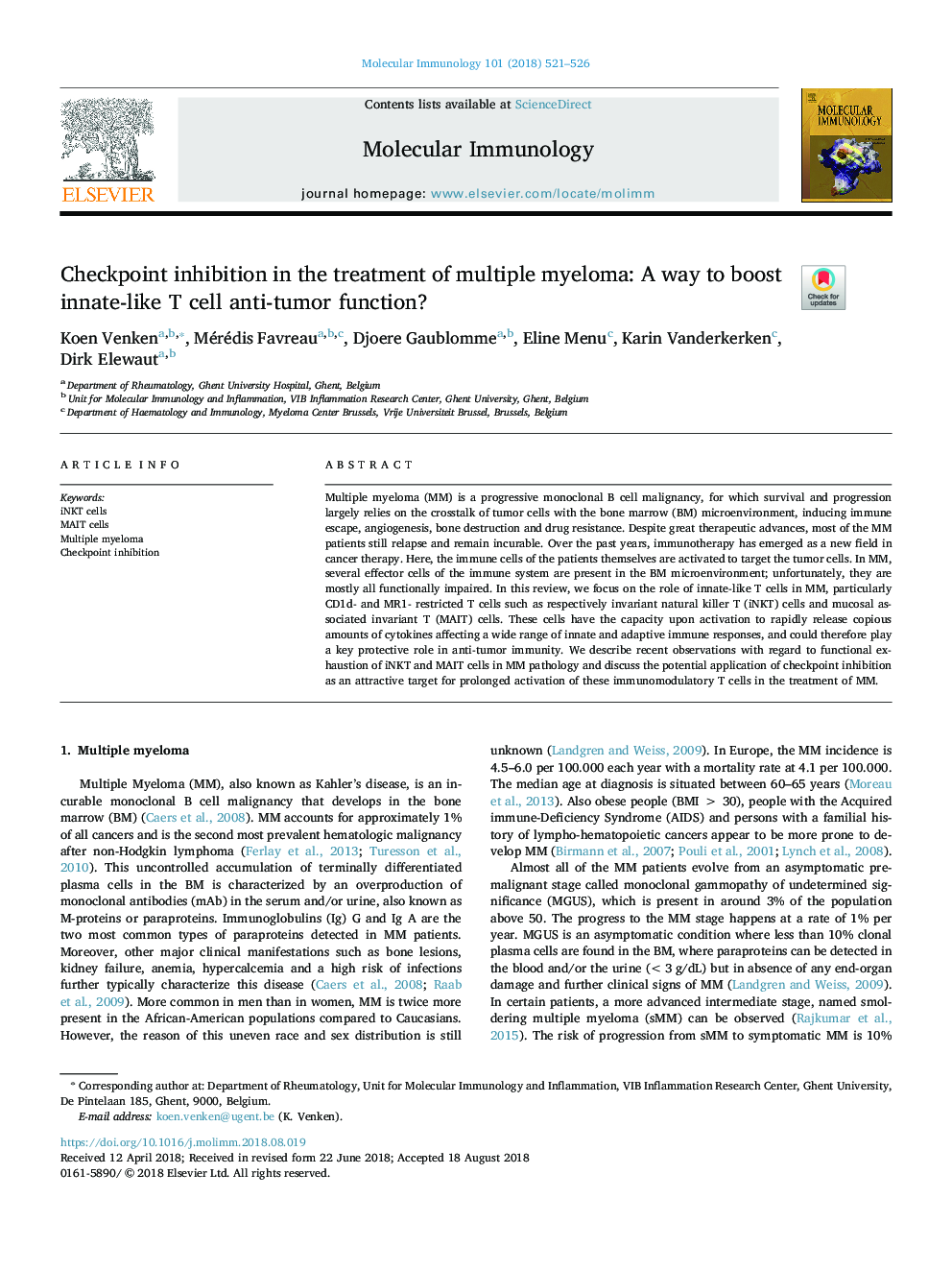 Checkpoint inhibition in the treatment of multiple myeloma: A way to boost innate-like T cell anti-tumor function?