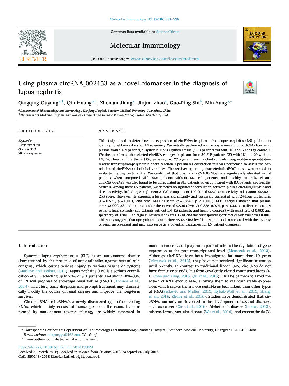 Using plasma circRNA_002453 as a novel biomarker in the diagnosis of lupus nephritis