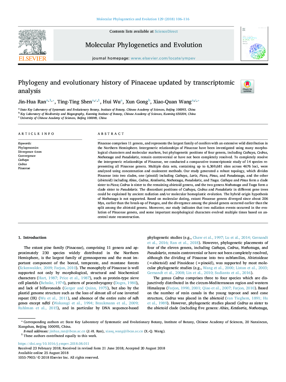 Phylogeny and evolutionary history of Pinaceae updated by transcriptomic analysis