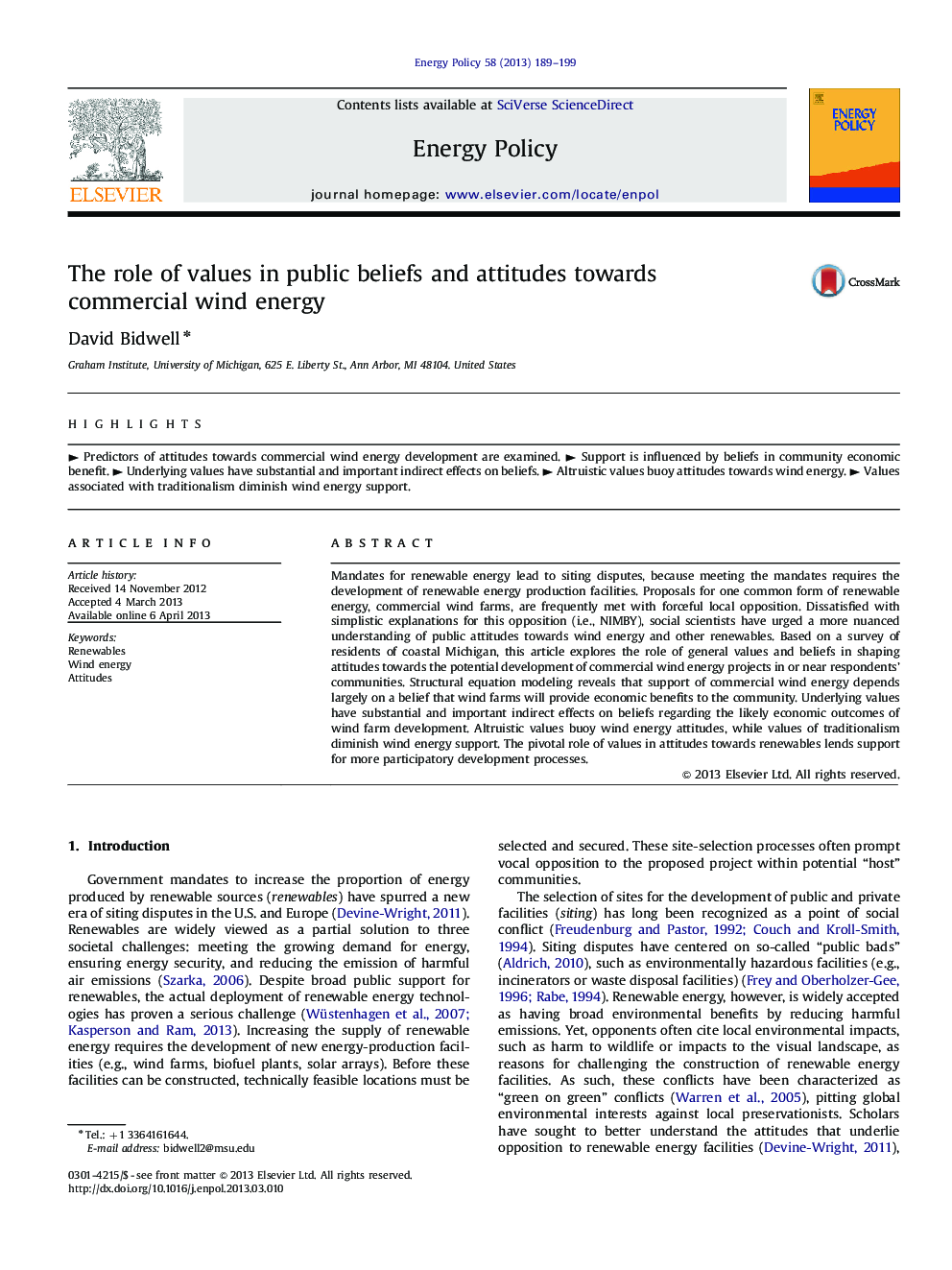 The role of values in public beliefs and attitudes towards commercial wind energy