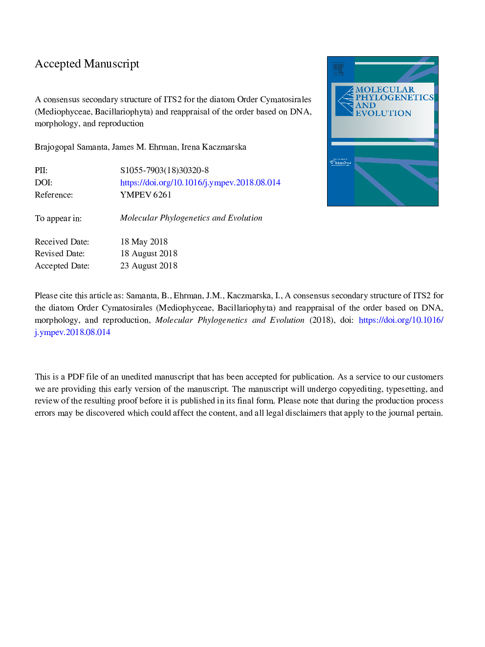 A consensus secondary structure of ITS2 for the diatom Order Cymatosirales (Mediophyceae, Bacillariophyta) and reappraisal of the order based on DNA, morphology, and reproduction