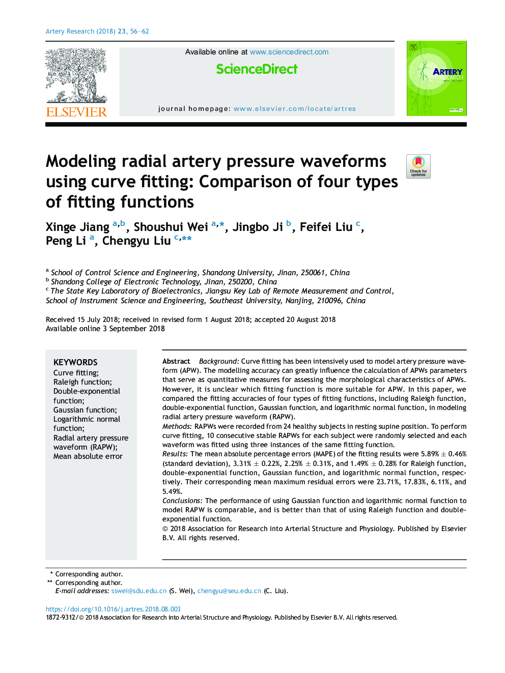 Modeling radial artery pressure waveforms using curve fitting: Comparison of four types of fitting functions