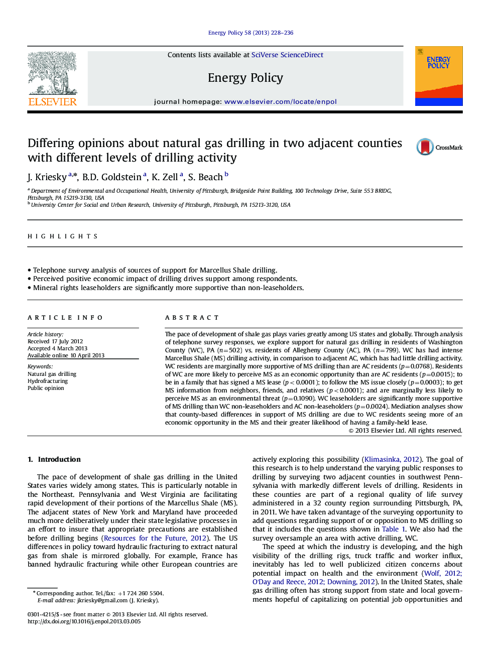 Differing opinions about natural gas drilling in two adjacent counties with different levels of drilling activity