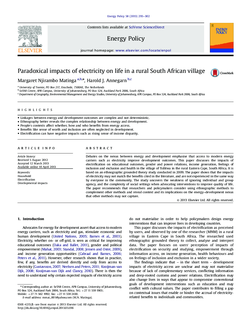 Paradoxical impacts of electricity on life in a rural South African village
