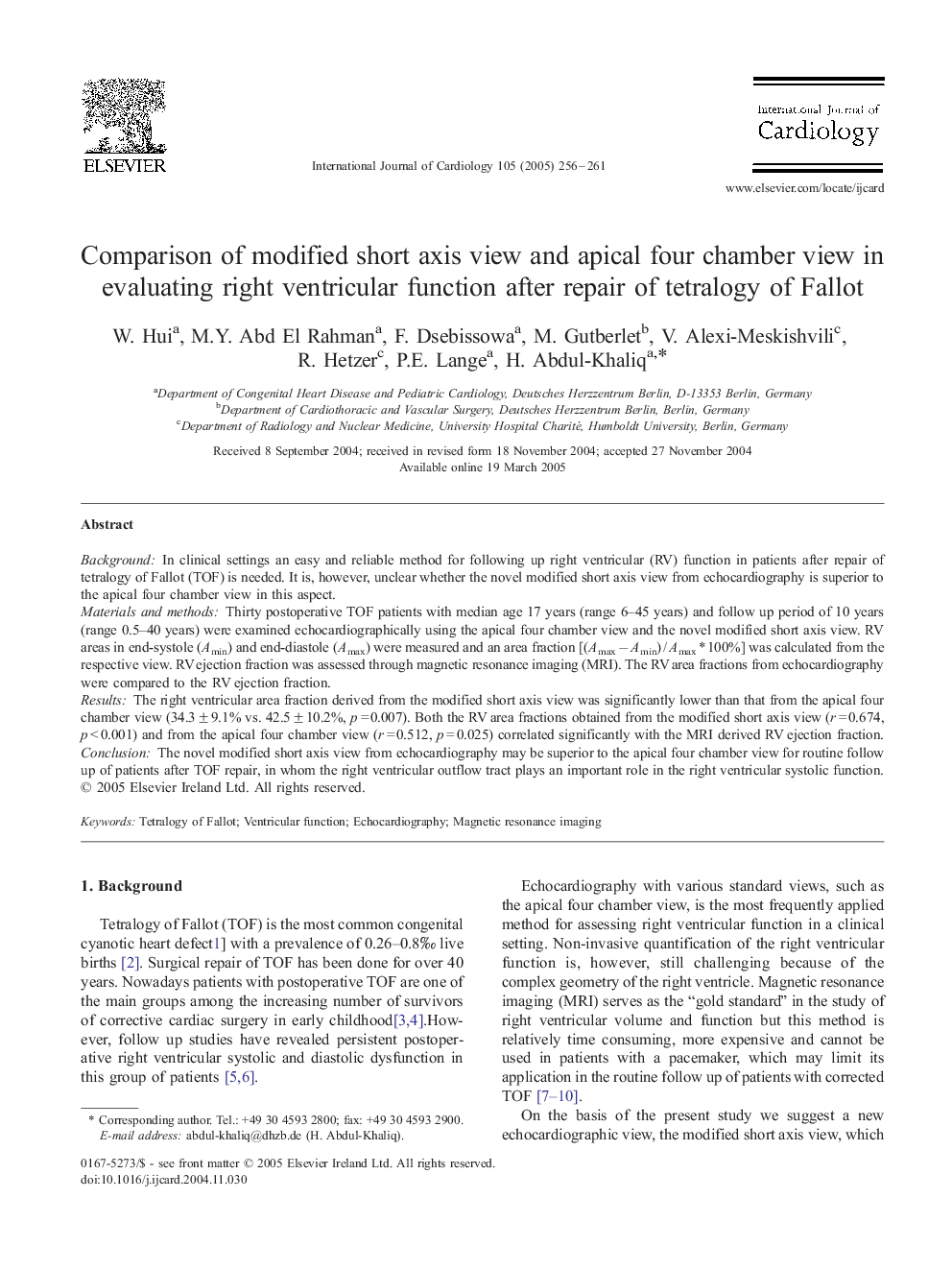 Comparison of modified short axis view and apical four chamber view in evaluating right ventricular function after repair of tetralogy of Fallot