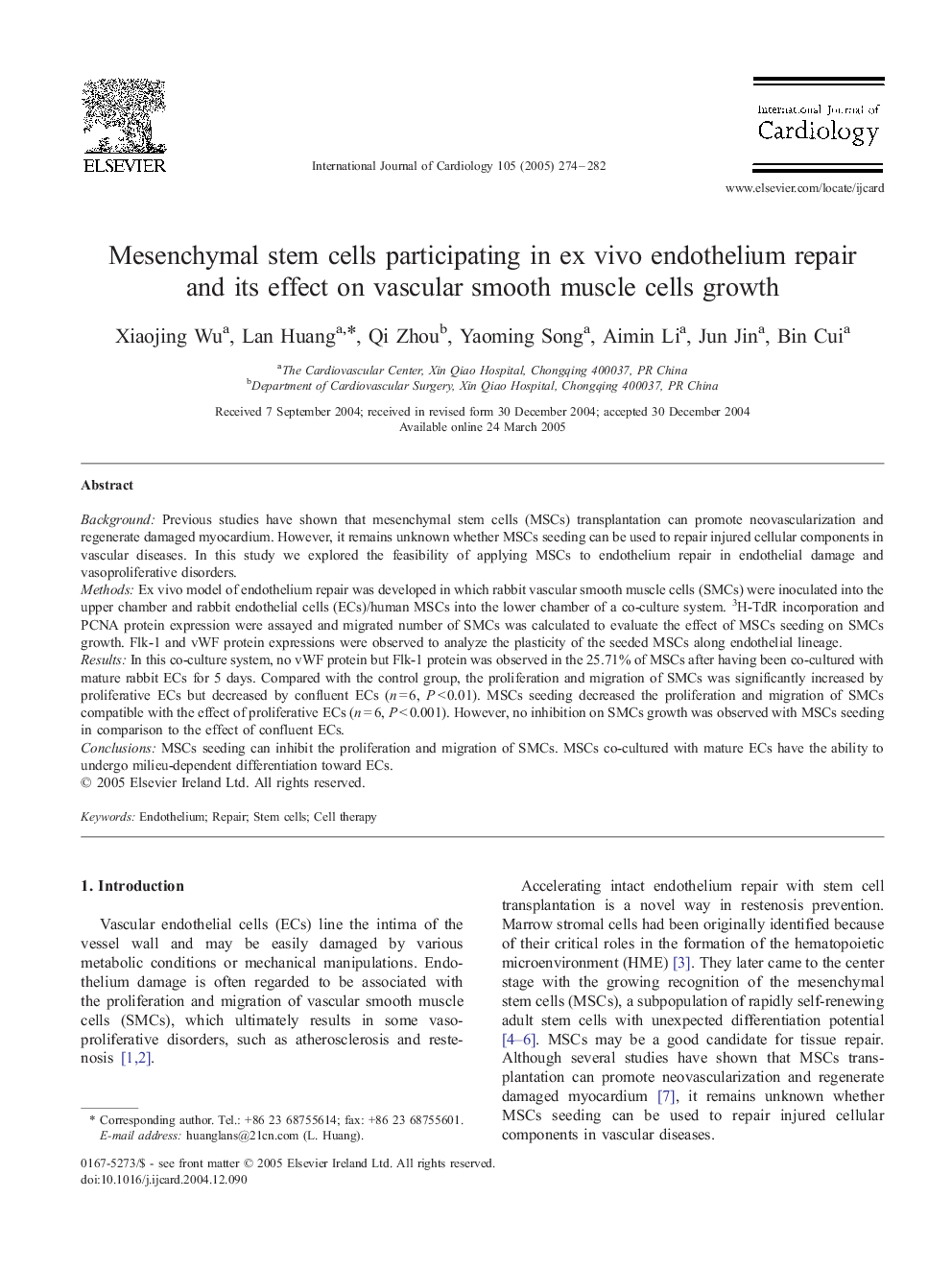 Mesenchymal stem cells participating in ex vivo endothelium repair and its effect on vascular smooth muscle cells growth