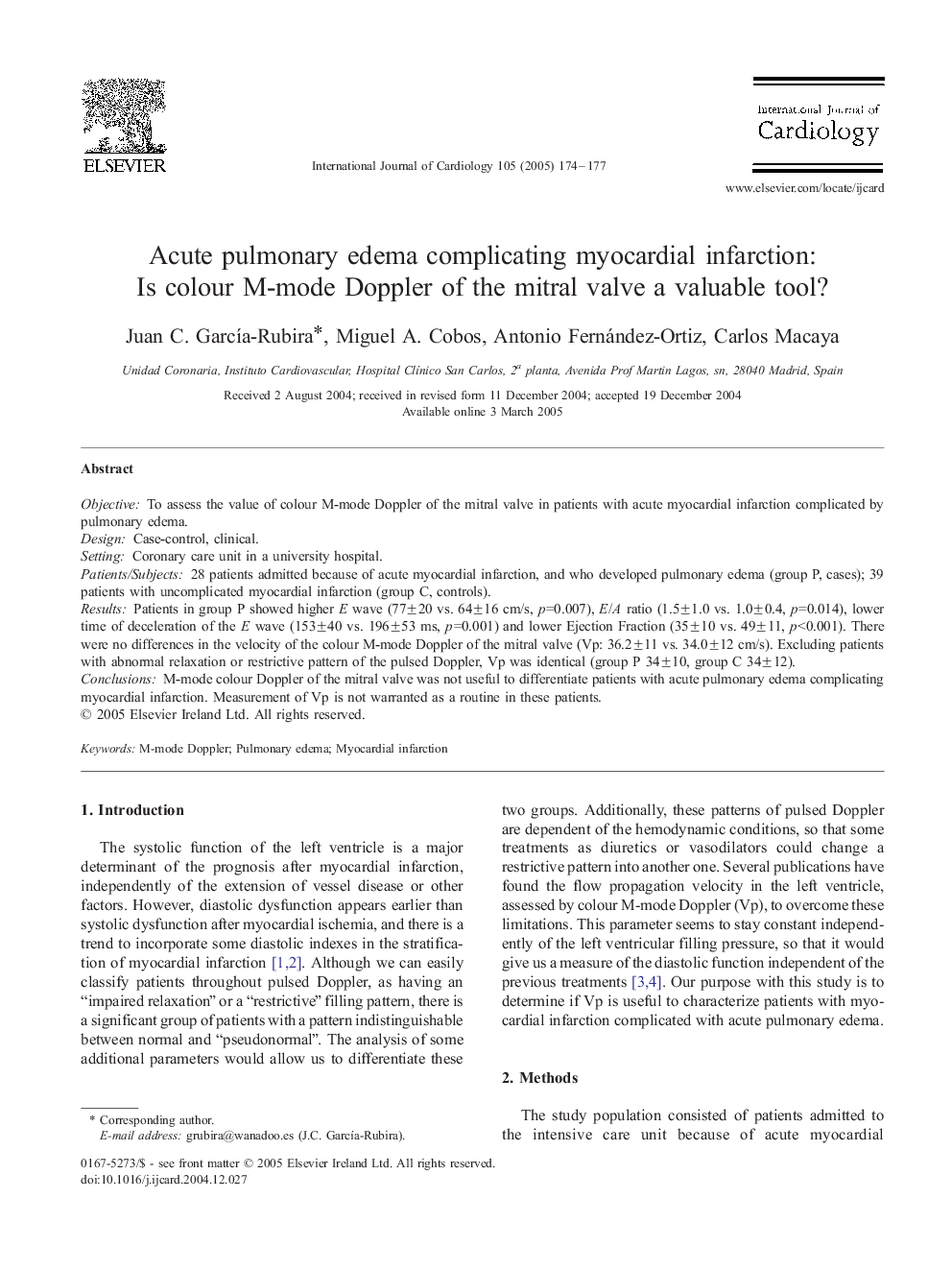 Acute pulmonary edema complicating myocardial infarction: Is colour M-mode Doppler of the mitral valve a valuable tool?