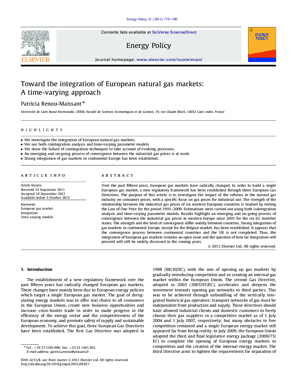 Toward the integration of European natural gas markets:A time-varying approach