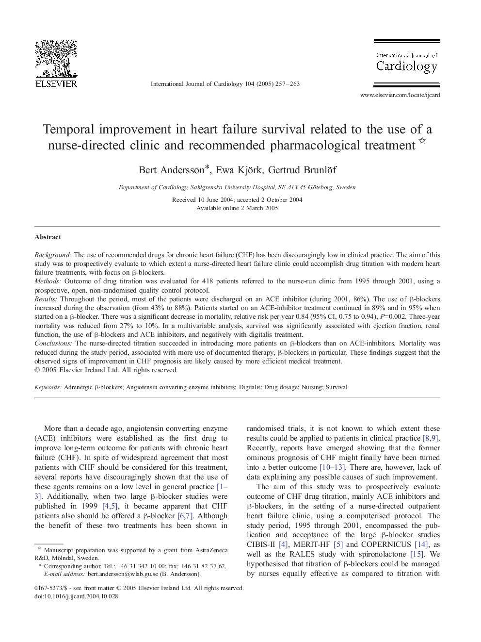 Temporal improvement in heart failure survival related to the use of a nurse-directed clinic and recommended pharmacological treatment