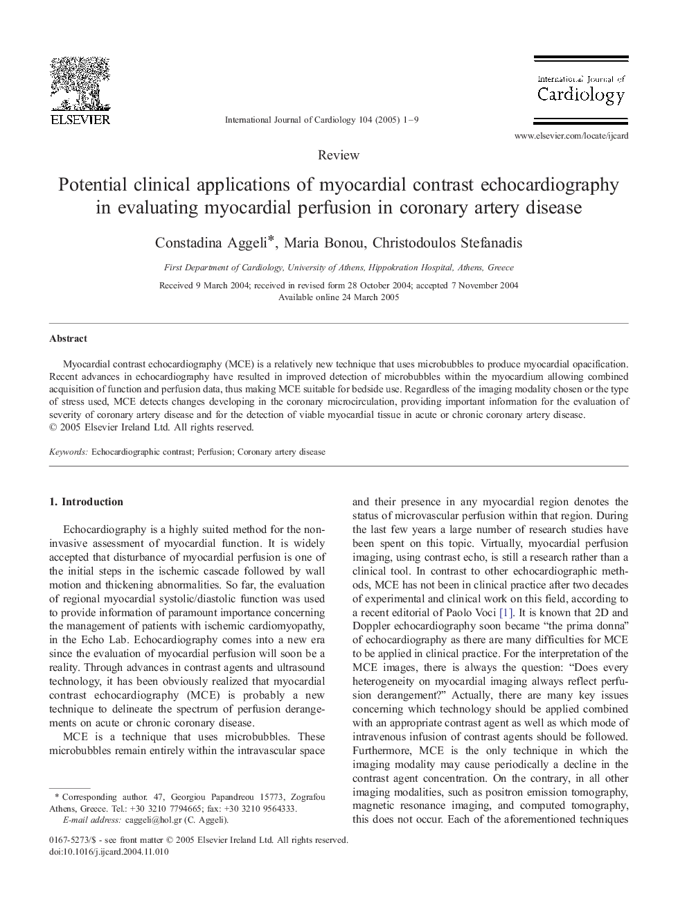 Potential clinical applications of myocardial contrast echocardiography in evaluating myocardial perfusion in coronary artery disease