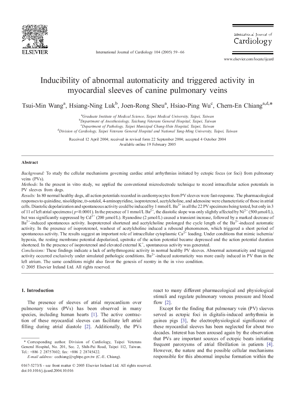 Inducibility of abnormal automaticity and triggered activity in myocardial sleeves of canine pulmonary veins