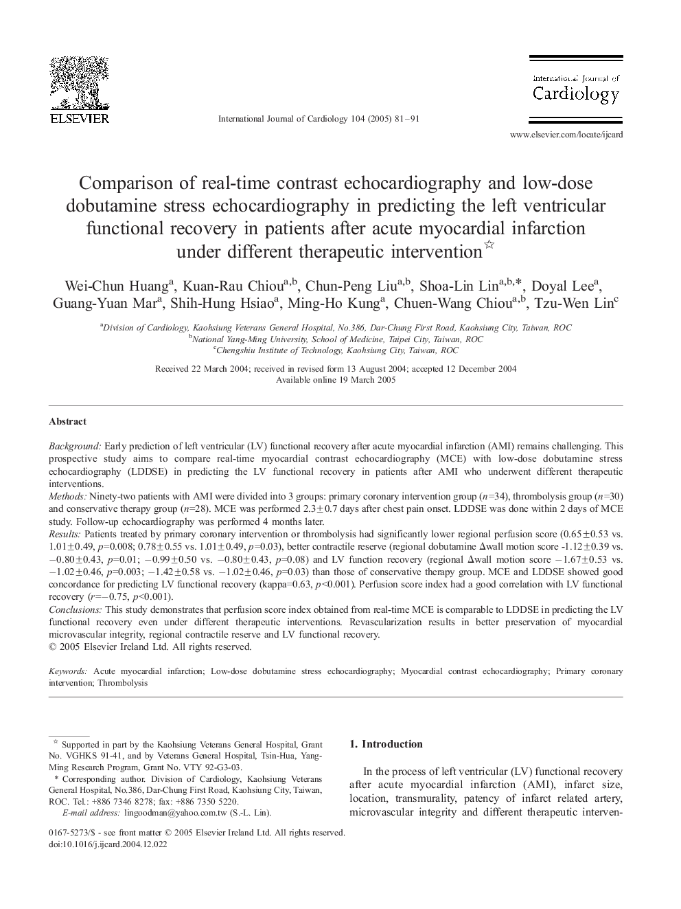 Comparison of real-time contrast echocardiography and low-dose dobutamine stress echocardiography in predicting the left ventricular functional recovery in patients after acute myocardial infarction under different therapeutic intervention