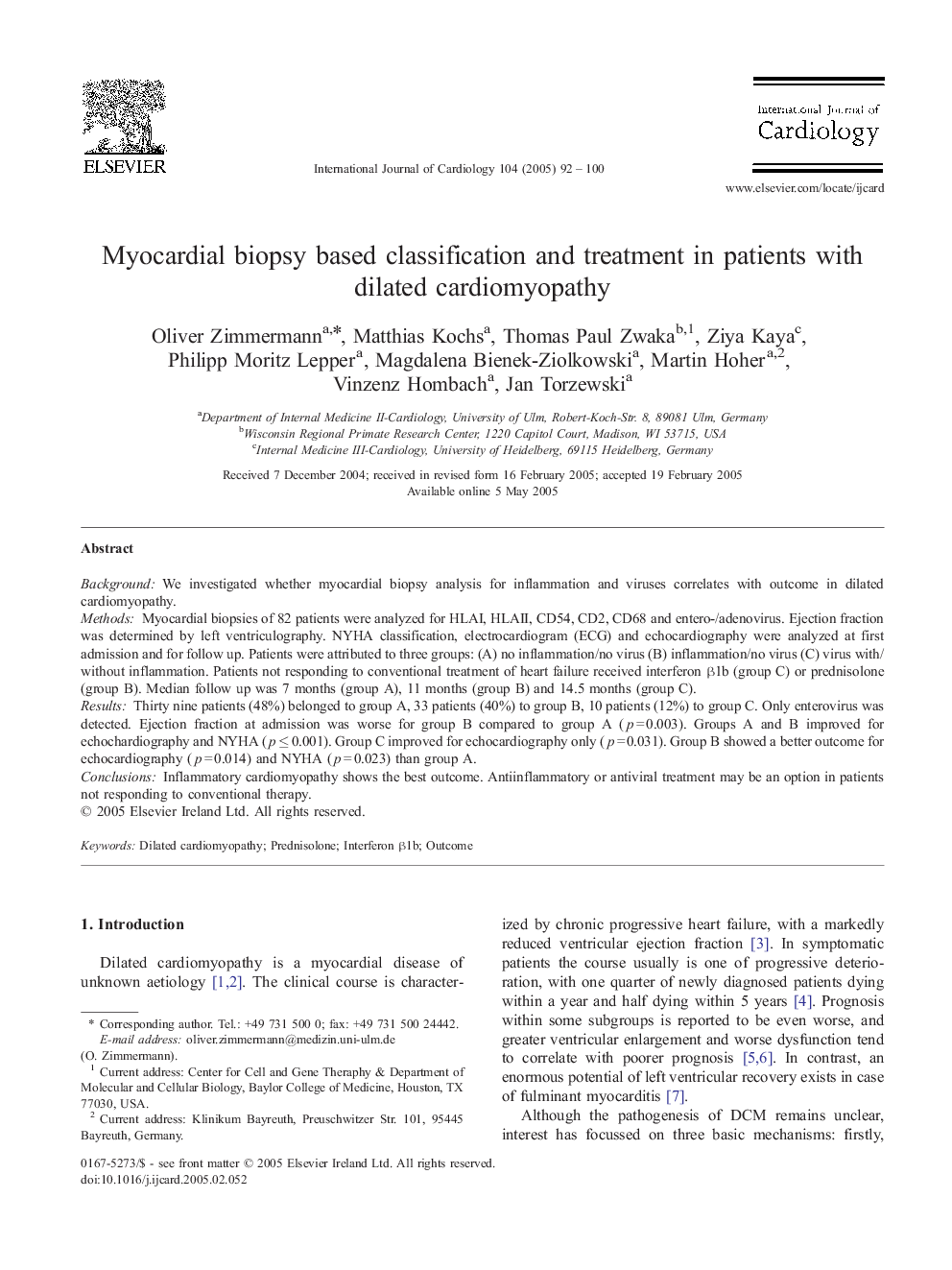 Myocardial biopsy based classification and treatment in patients with dilated cardiomyopathy