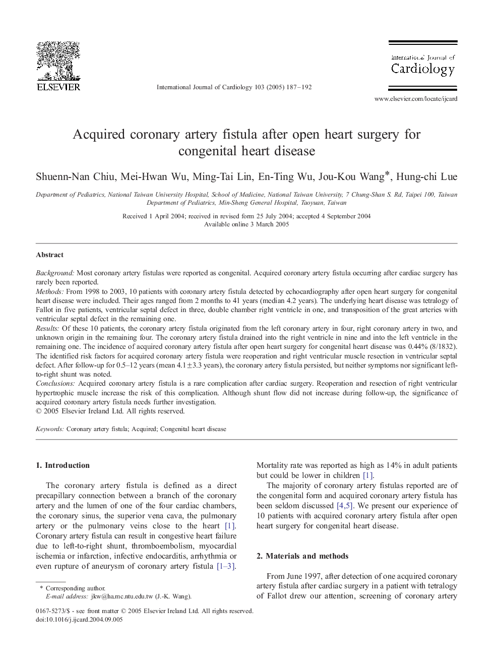 Acquired coronary artery fistula after open heart surgery for congenital heart disease