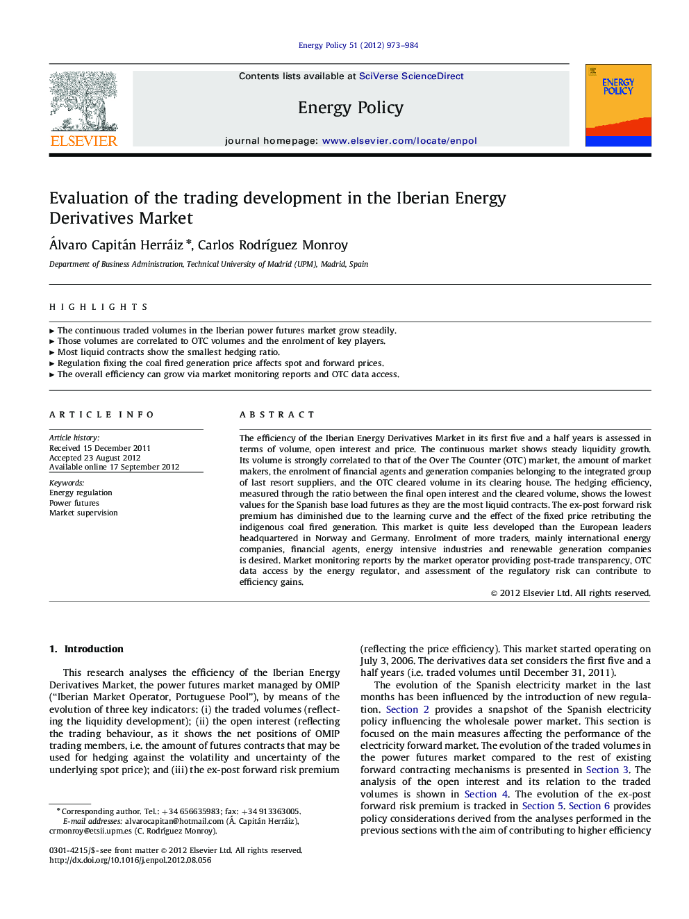 Evaluation of the trading development in the Iberian Energy Derivatives Market