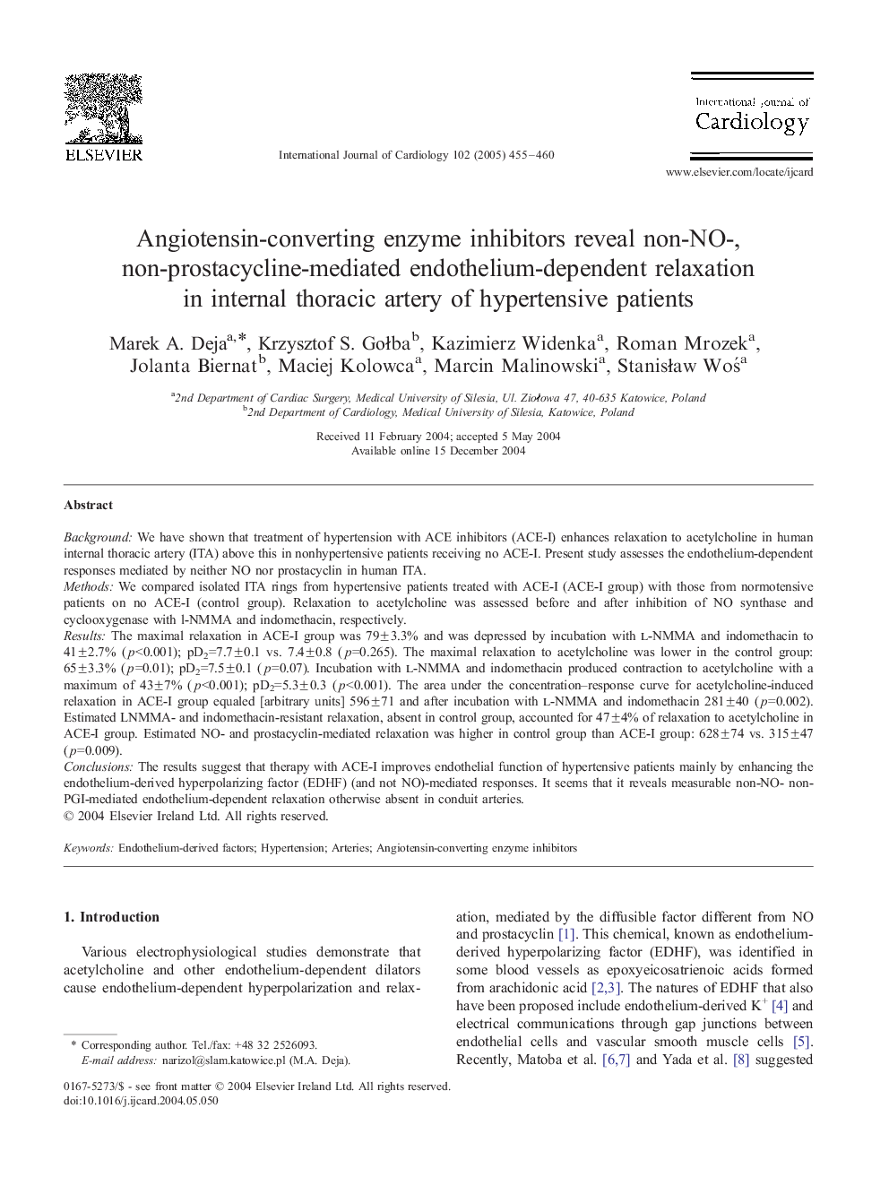 Angiotensin-converting enzyme inhibitors reveal non-NO-, non-prostacycline-mediated endothelium-dependent relaxation in internal thoracic artery of hypertensive patients