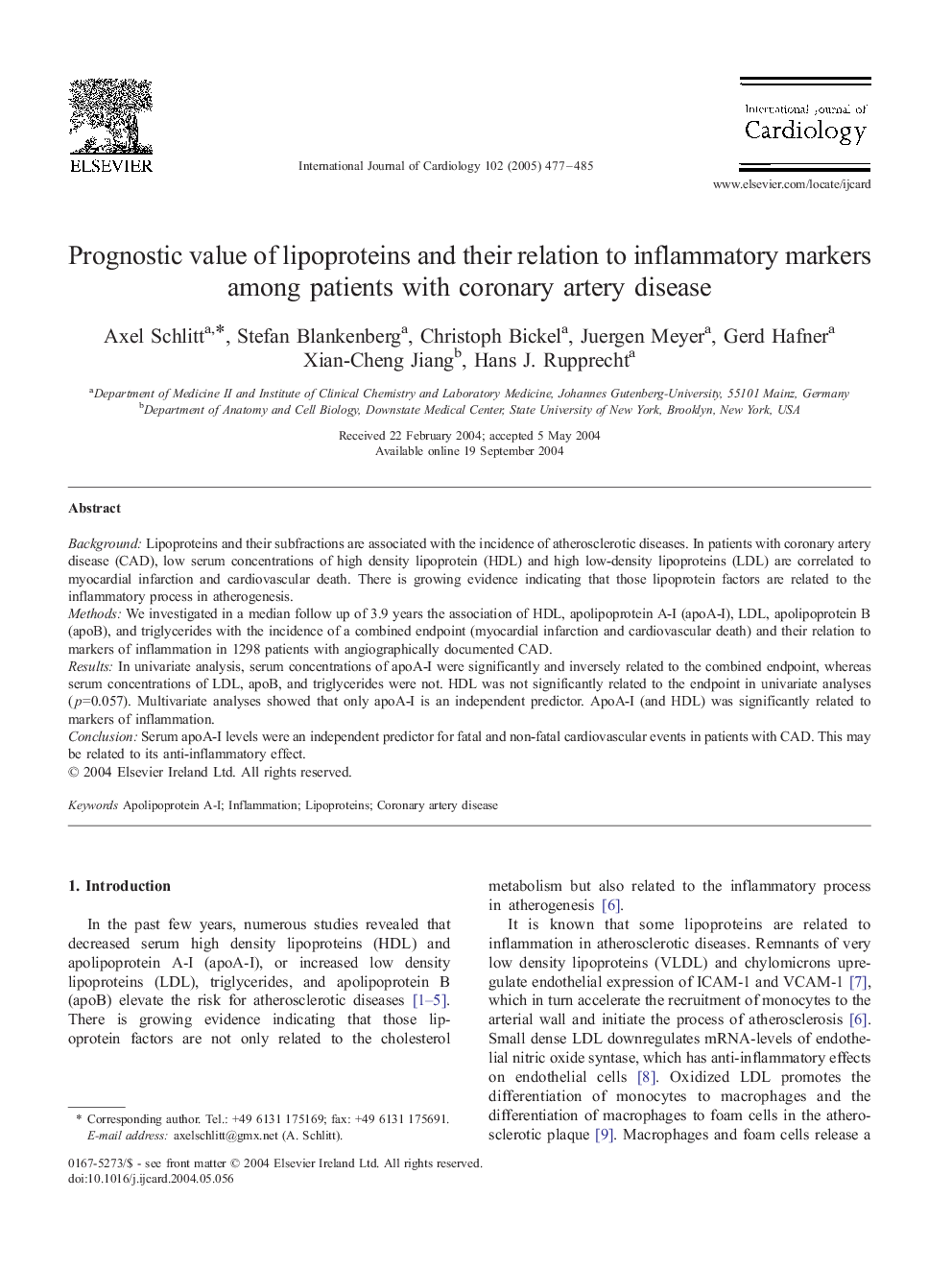 Prognostic value of lipoproteins and their relation to inflammatory markers among patients with coronary artery disease