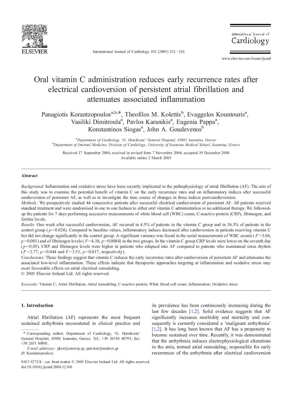 Oral vitamin C administration reduces early recurrence rates after electrical cardioversion of persistent atrial fibrillation and attenuates associated inflammation