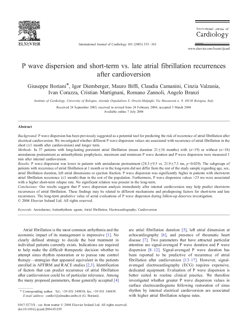 P wave dispersion and short-term vs. late atrial fibrillation recurrences after cardioversion