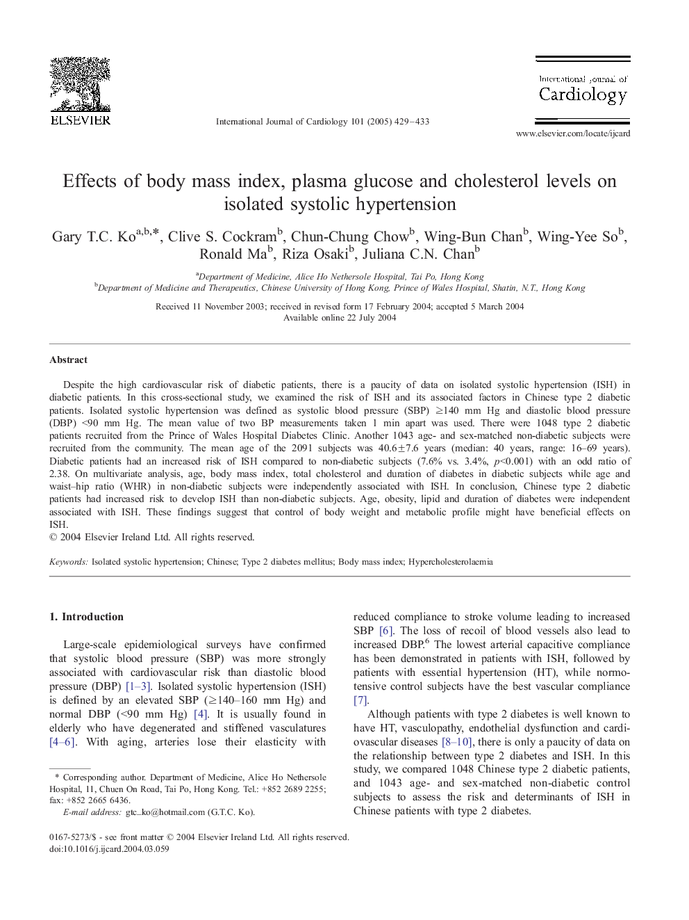 Effects of body mass index, plasma glucose and cholesterol levels on isolated systolic hypertension