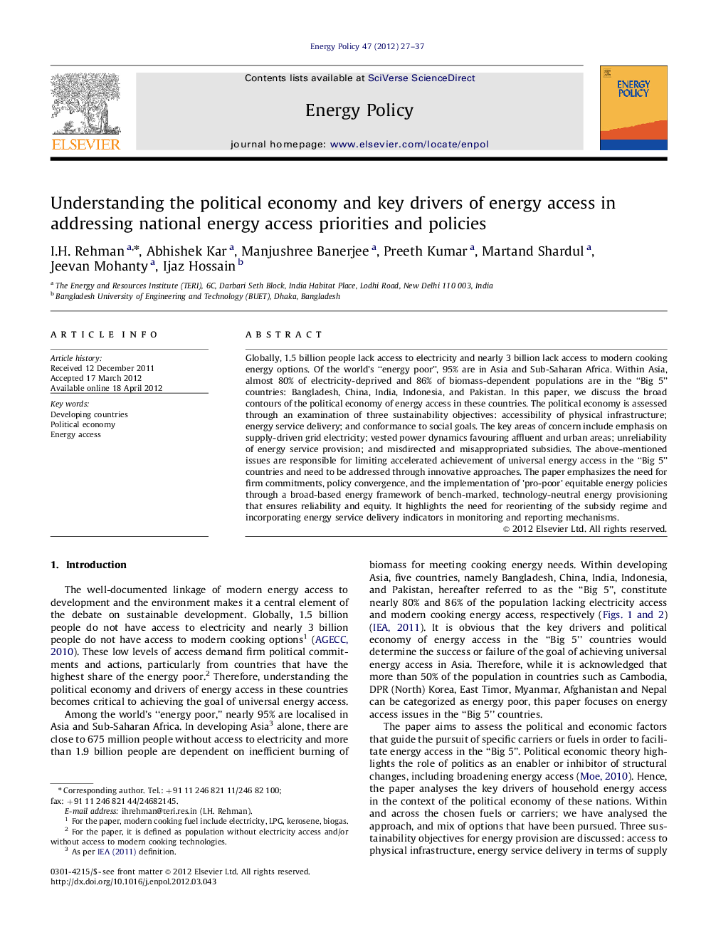 Understanding the political economy and key drivers of energy access in addressing national energy access priorities and policies