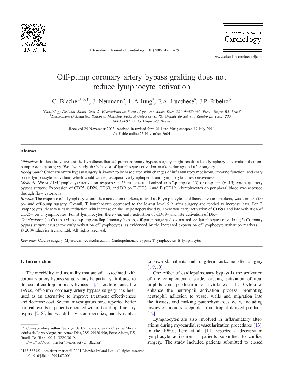 Off-pump coronary artery bypass grafting does not reduce lymphocyte activation