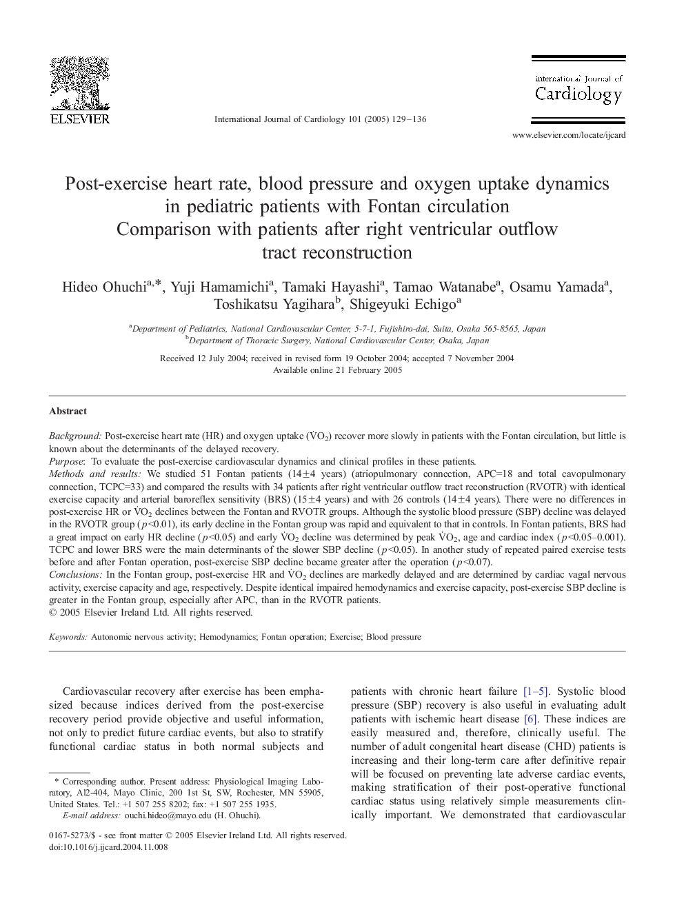 Post-exercise heart rate, blood pressure and oxygen uptake dynamics in pediatric patients with Fontan circulation