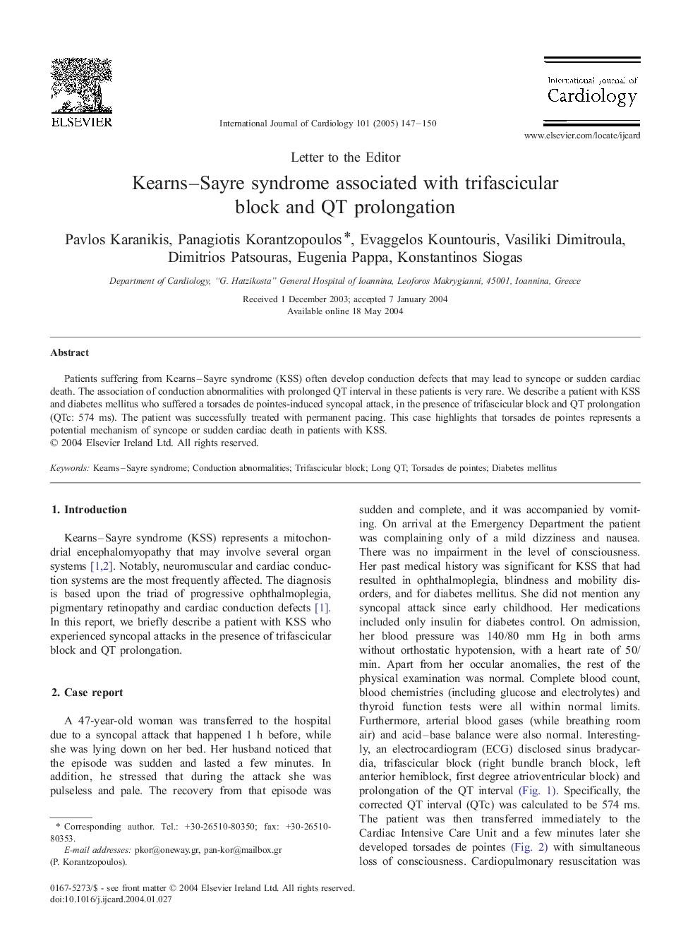 Kearns-Sayre syndrome associated with trifascicular block and QT prolongation