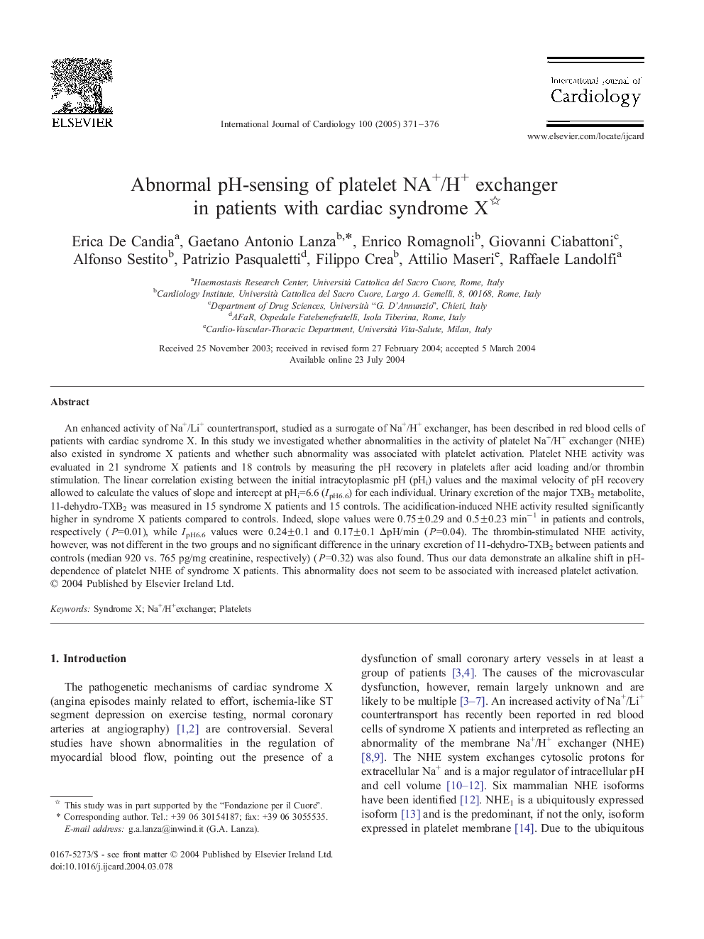 Abnormal pH-sensing of platelet NA+/H+ exchanger in patients with cardiac syndrome X