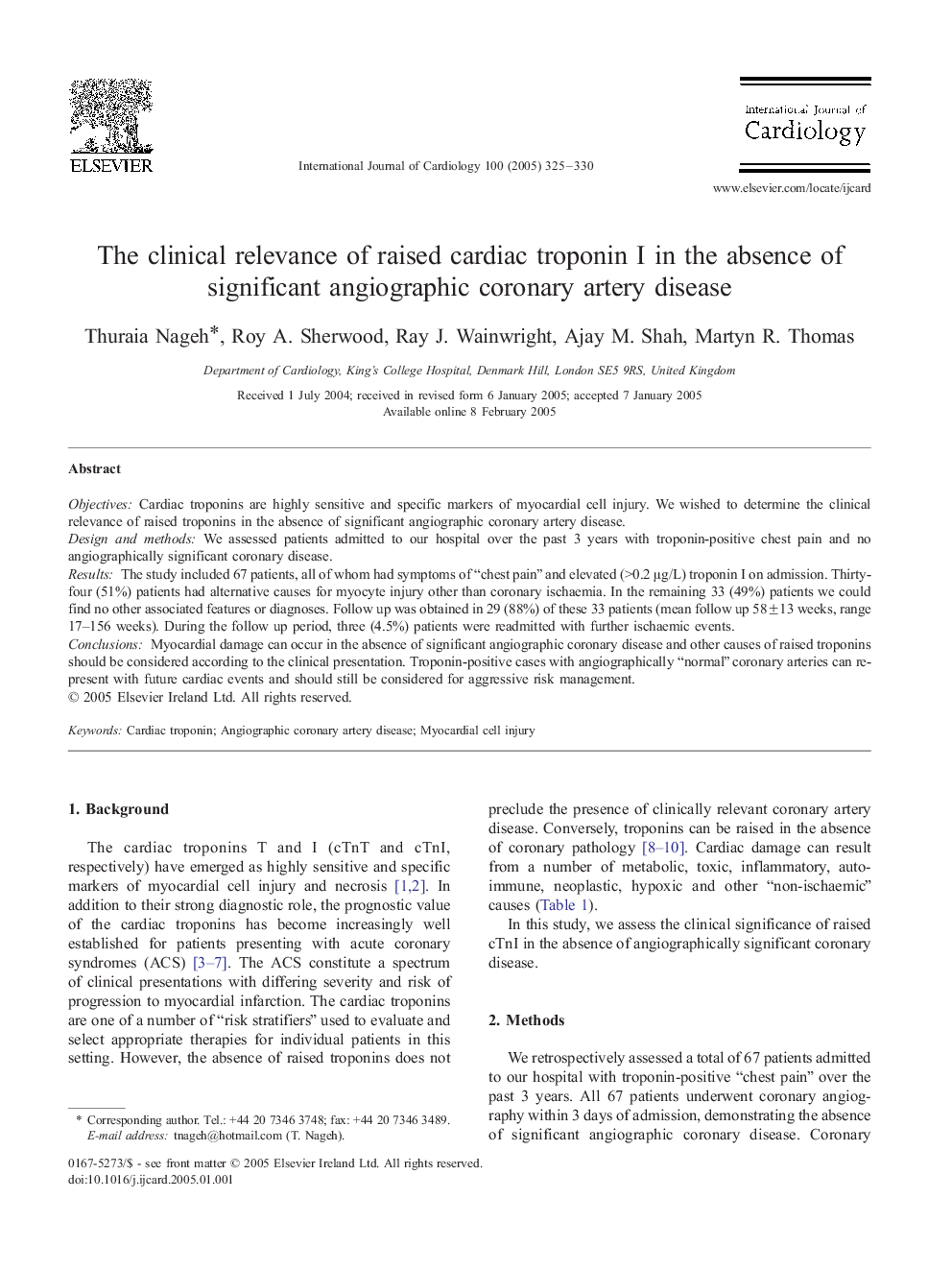 The clinical relevance of raised cardiac troponin I in the absence of significant angiographic coronary artery disease