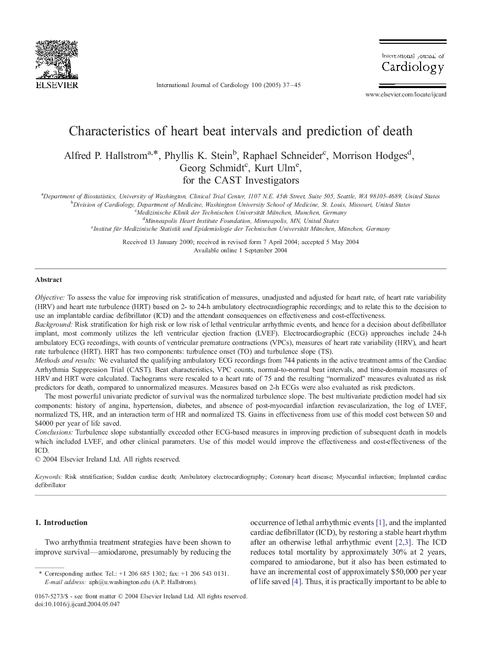 Characteristics of heart beat intervals and prediction of death