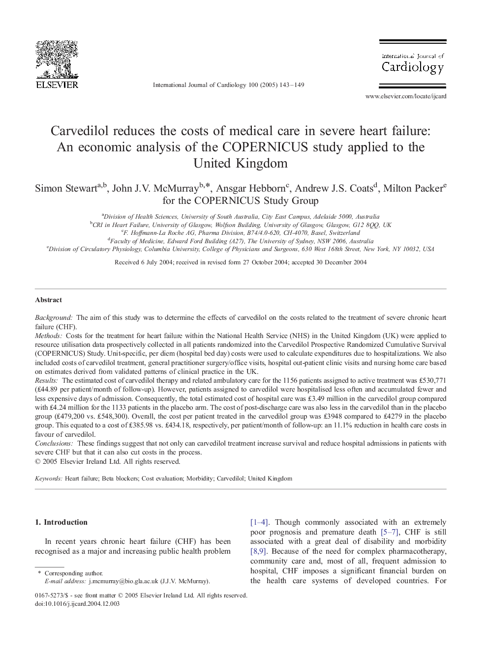 Carvedilol reduces the costs of medical care in severe heart failure: An economic analysis of the COPERNICUS study applied to the United Kingdom