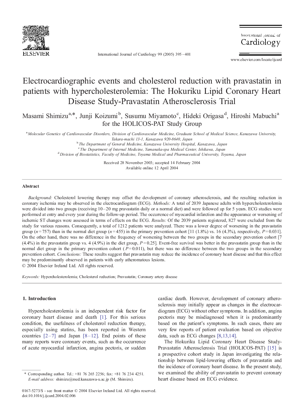 Electrocardiographic events and cholesterol reduction with pravastatin in patients with hypercholesterolemia: the Hokuriku Lipid Coronary Heart Disease Study-Pravastatin Atherosclerosis Trial