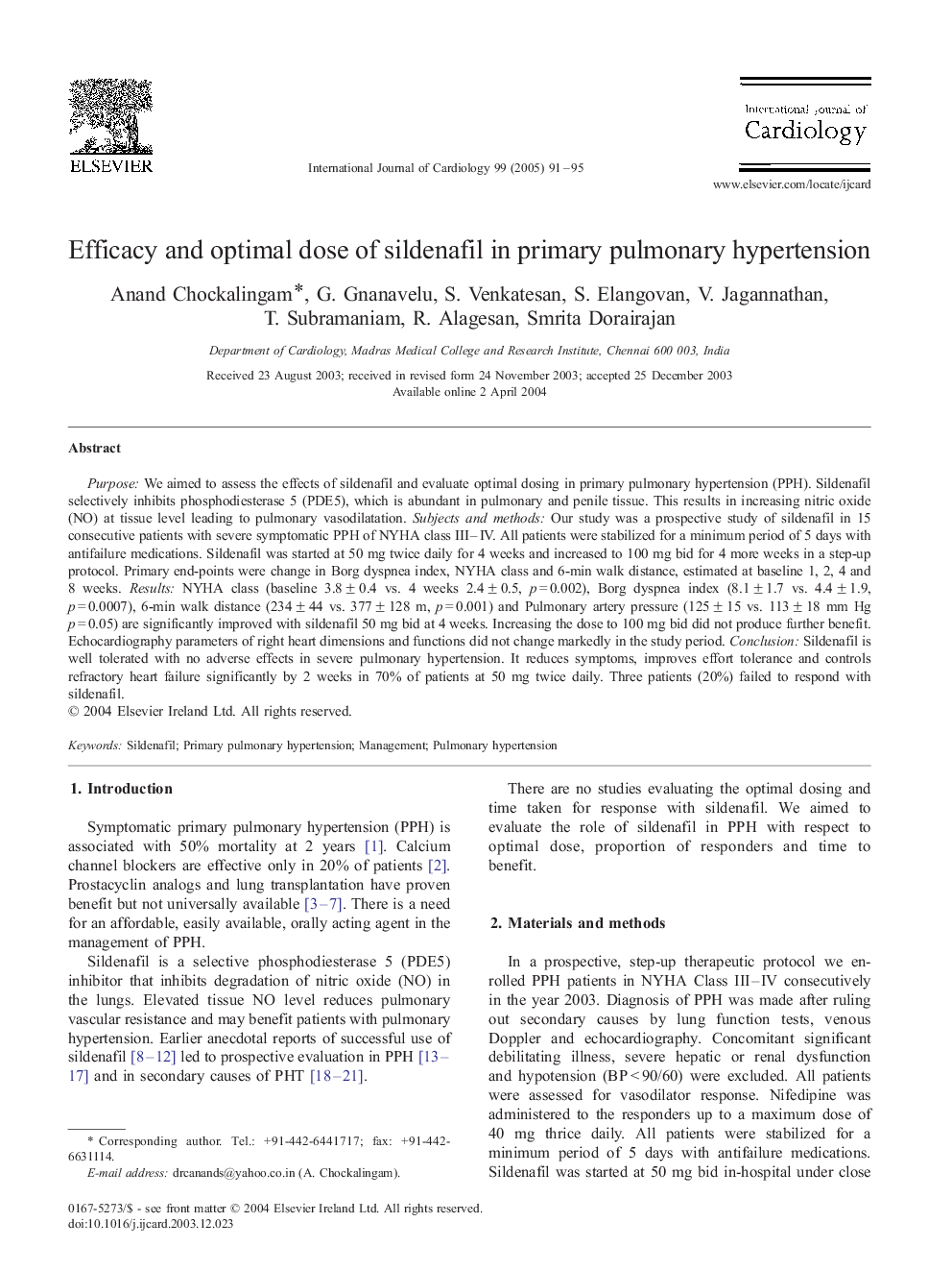 Efficacy and optimal dose of sildenafil in primary pulmonary hypertension