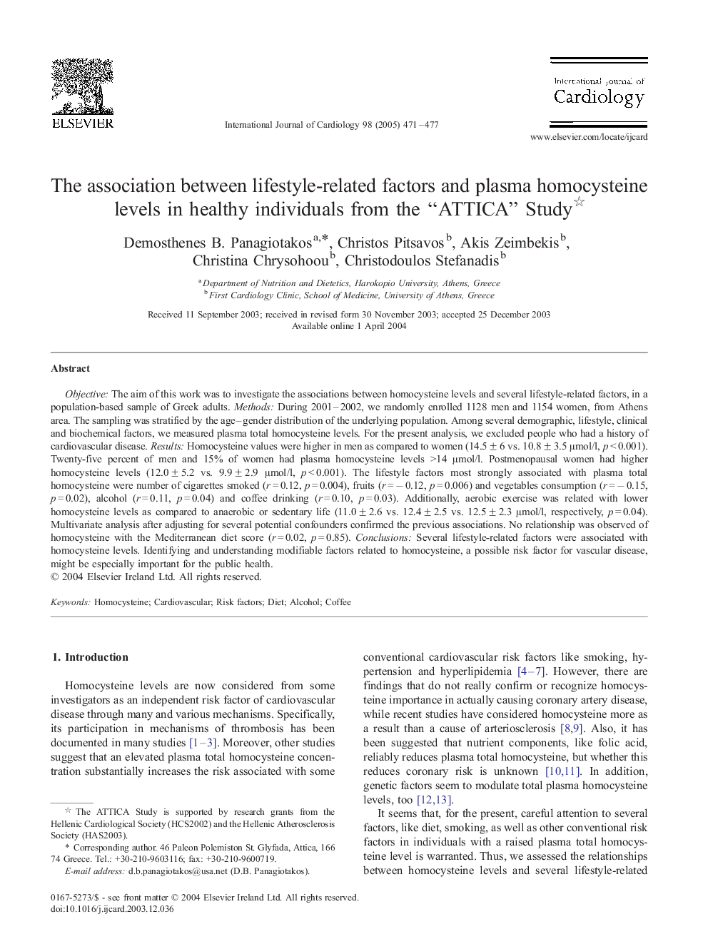 The association between lifestyle-related factors and plasma homocysteine levels in healthy individuals from the “ATTICA” Study