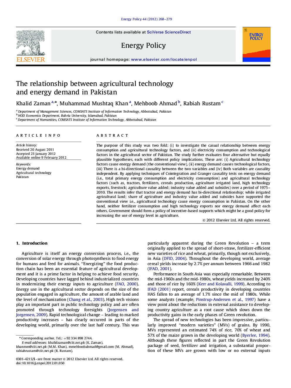 The relationship between agricultural technology and energy demand in Pakistan