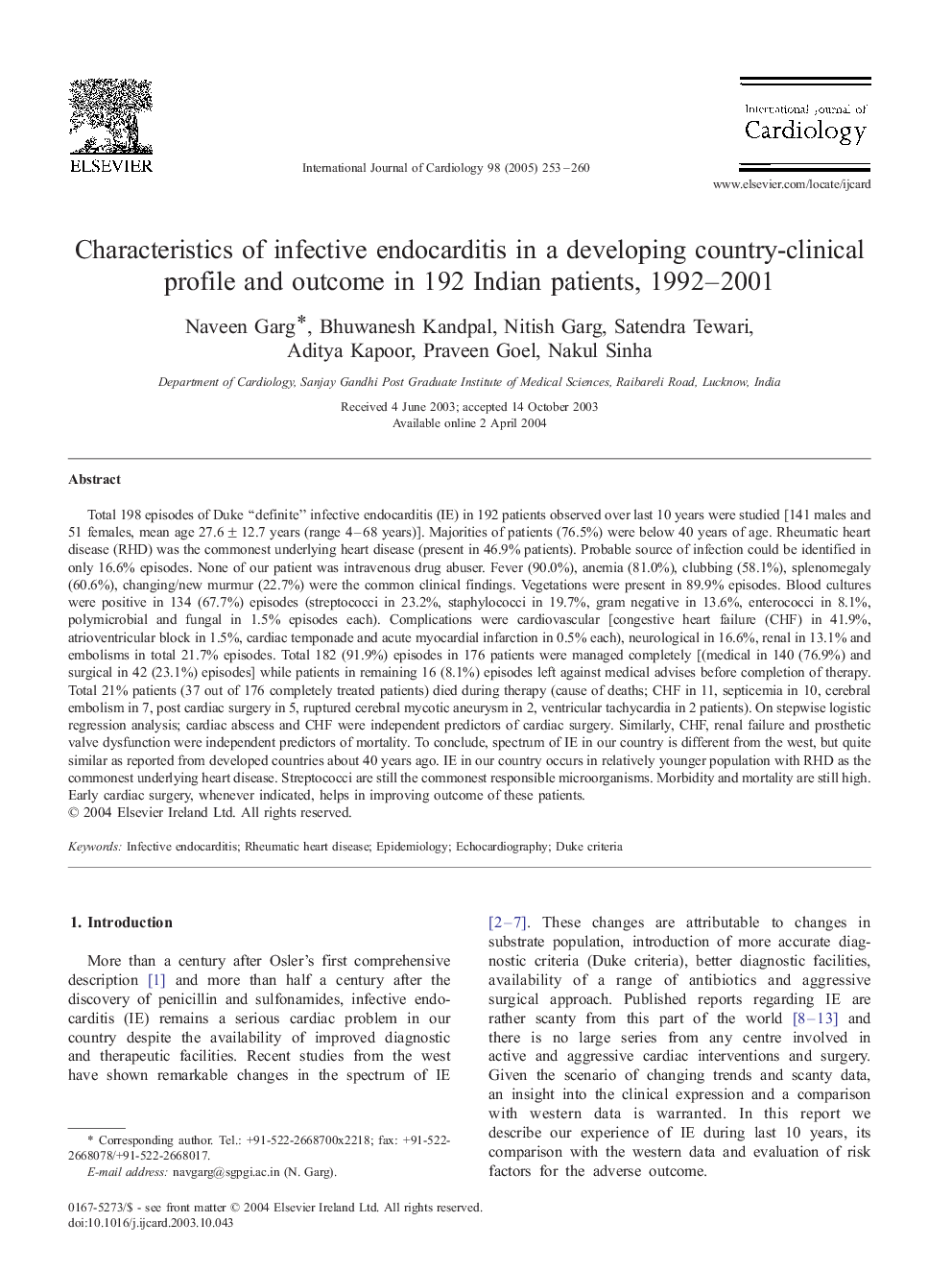 Characteristics of infective endocarditis in a developing country-clinical profile and outcome in 192 Indian patients, 1992-2001