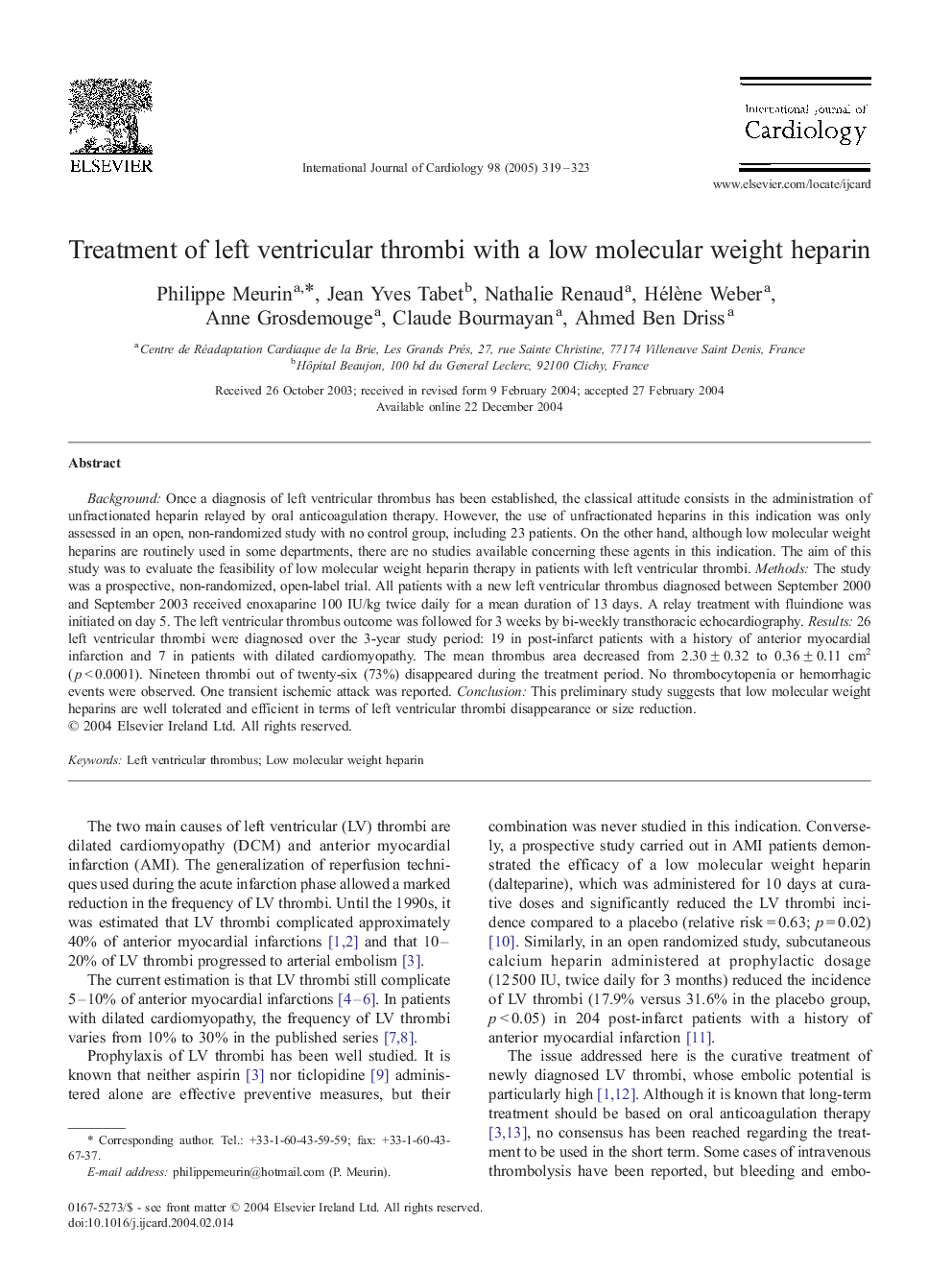 Treatment of left ventricular thrombi with a low molecular weight heparin