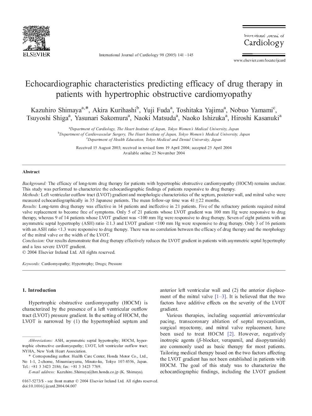 Echocardiographic characteristics predicting efficacy of drug therapy in patients with hypertrophic obstructive cardiomyopathy