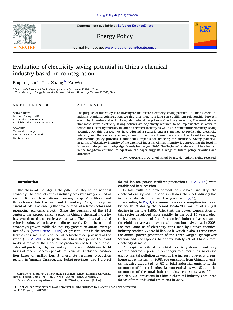 Evaluation of electricity saving potential in China's chemical industry based on cointegration